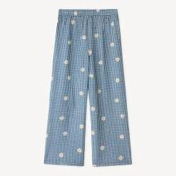 Pantalon large vichy et broderie fleurie pour fille