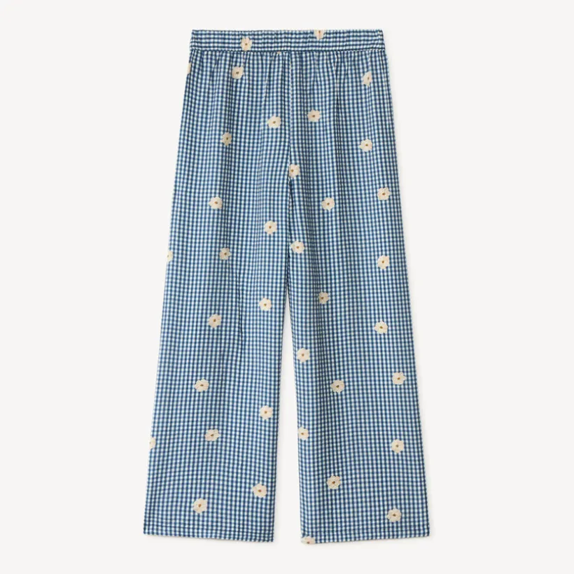 Pantalon large vichy et broderie fleurie pour fille