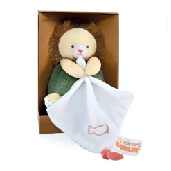 Peluche et mouchoir Couleurs Savane lion beige/vert