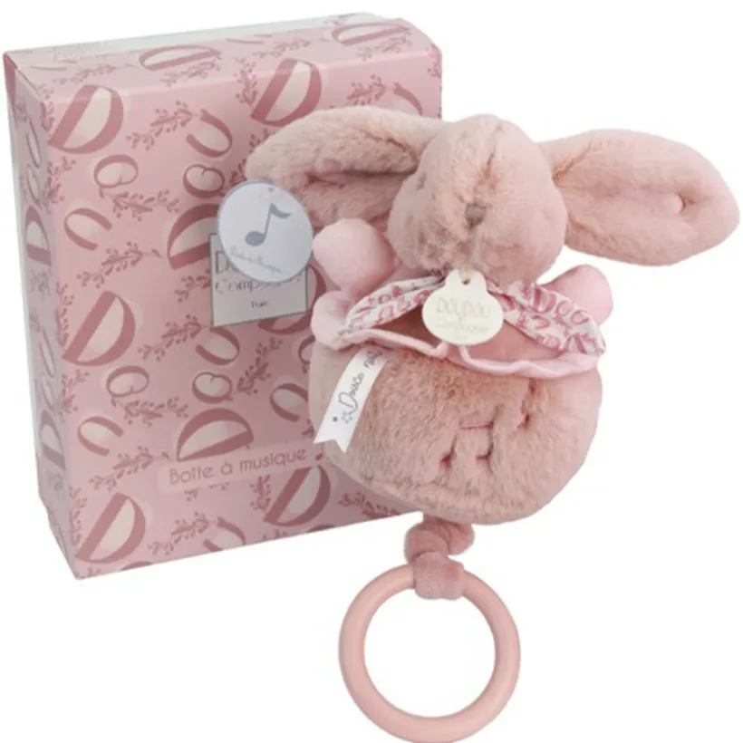 Peluche lapin doudou boîte à musique rose