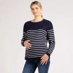 Pull d'allaitement en tricot rayé esprit marinière avec col fantaisie