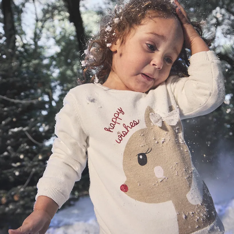 Pull en tricot doublé velours motif biche pour bébé fille