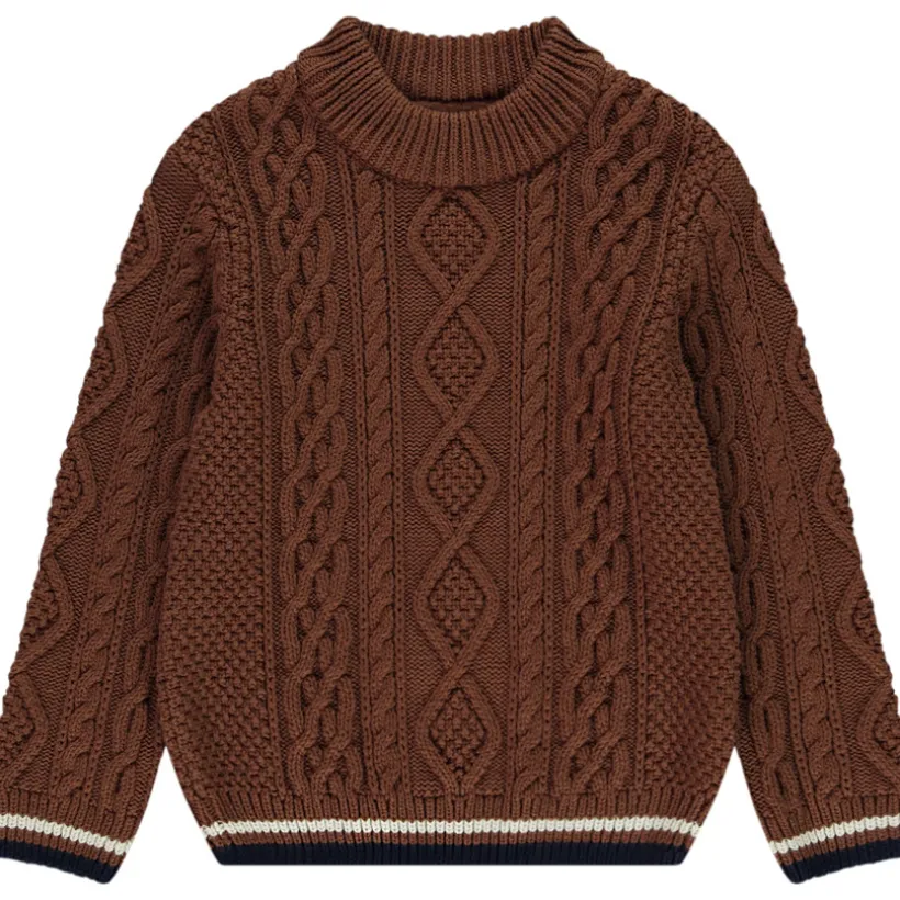 Pull en tricot uni effet torsadé avec liseré coloré pour garçon