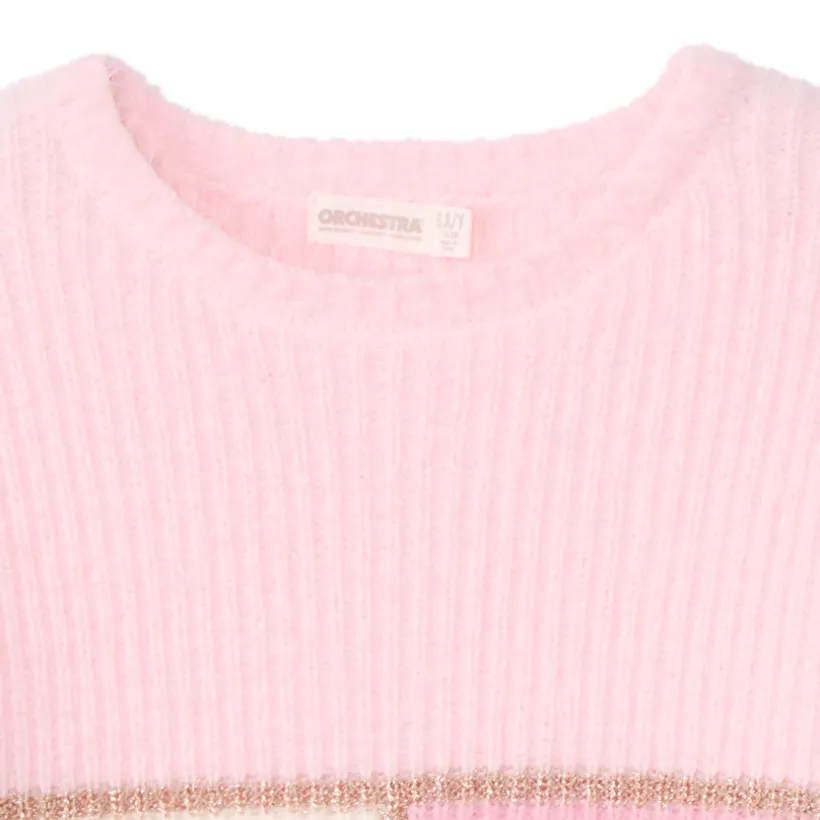 Pull manches longues en tricot pelucheux tricolore pour fille