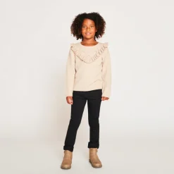 Pull à manches longues en tricot fantaisie avec volants et torsades pour fille