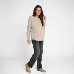 Pull manches longues uni en tricot torsade pour femme