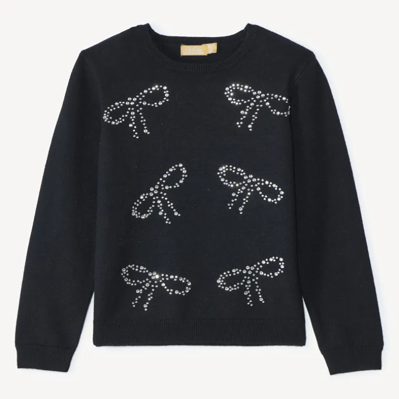 Pull tricot noir avec strass en forme de nœuds pour fille