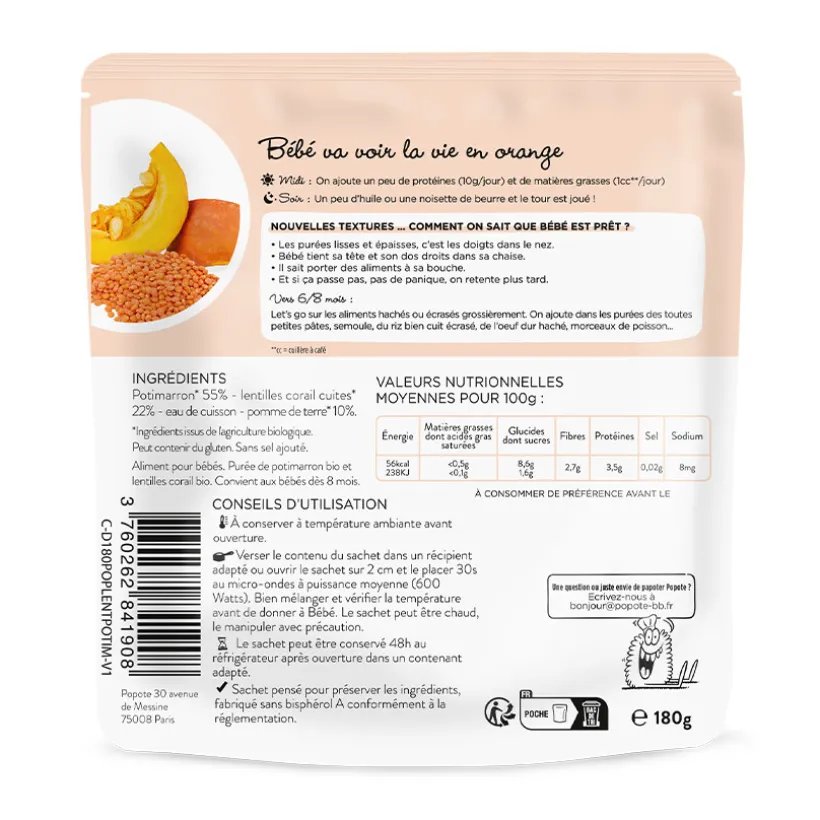 Purée de potimarron et lentilles corail Bio 180g