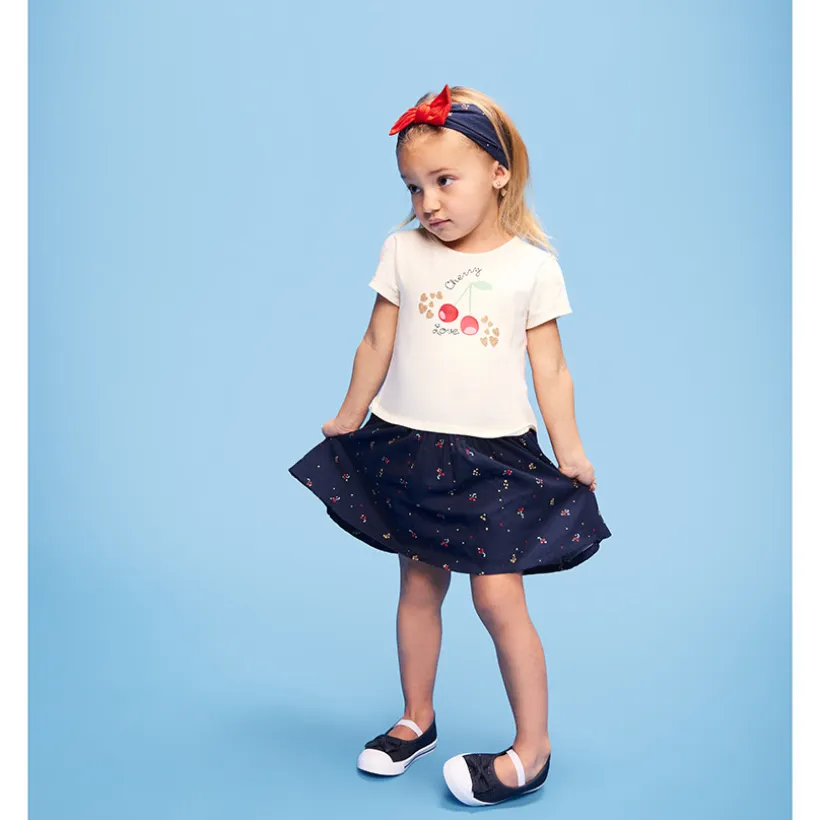 Robe bi-matière effet 2 en 1 motif cerises pour bébé fille