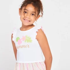 Robe bi-matière effet 2 en 1 printée et rayée pour fille