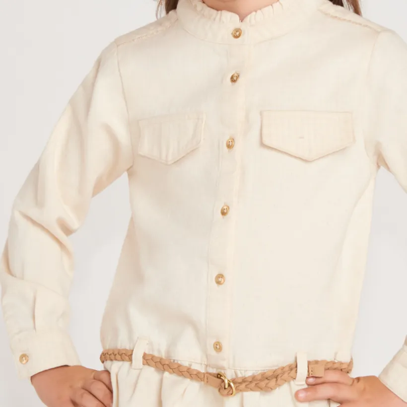Robe chemise fille manches longues avec ceinture tressée