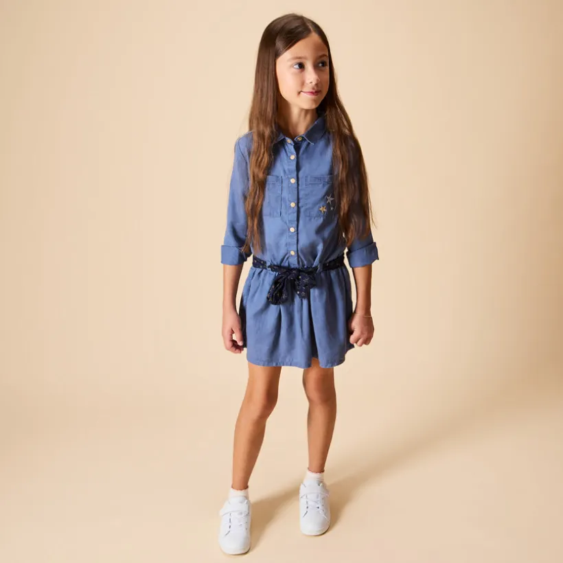 Robe chemise manches longues et ceinturée pour fille