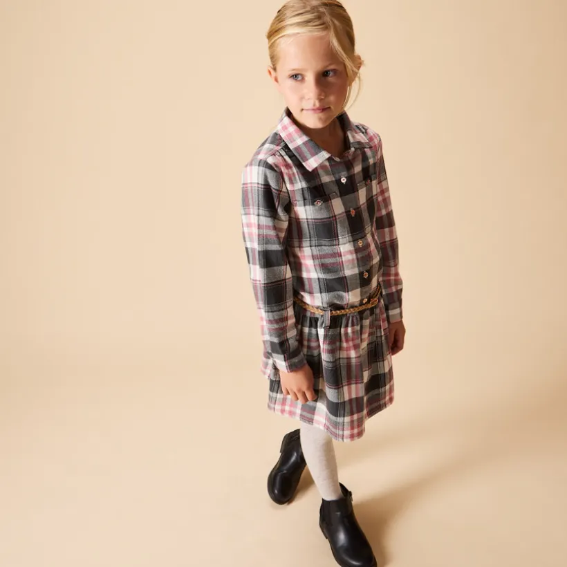 Robe chemise manches longues ceinturée à carreaux pour fille