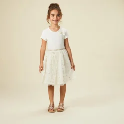 Robe de cérémonie manches courtes effet 2 en 1 en tulle brodé pour fille
