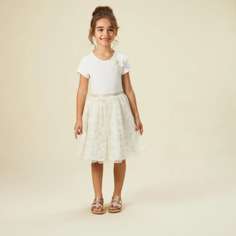 Robe de cérémonie manches courtes effet 2 en 1 en tulle brodé pour fille