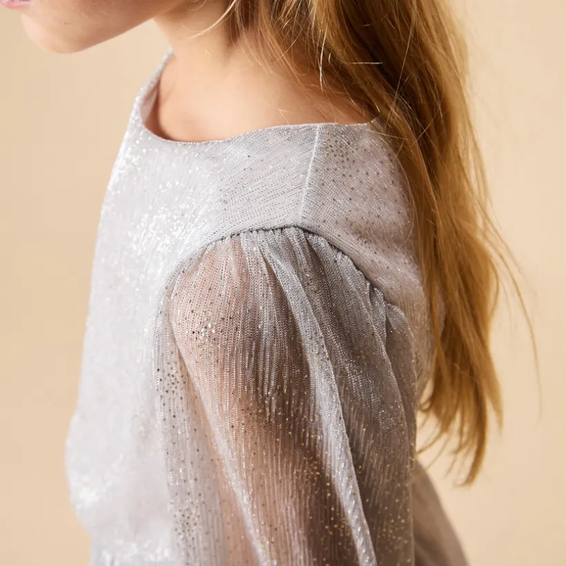 Robe de fête argentée à manches longues bouffantes pour fille