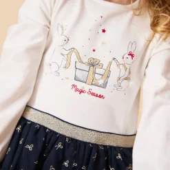 Robe de fête manches longues effet 2 en 1 bi-matière pour bébé fille