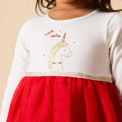 Robe de fête manches longues effet 2 en 1 bi-matière pour bébé fille