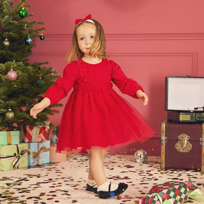 Robe de fête manches longues en tulle pailleté pour bébé fille