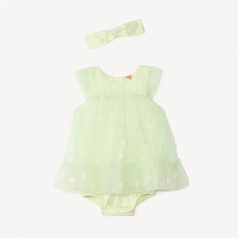 Robe en tulle avec fleurs 3D + bandeau avec nœud en tulle pour bébé fille