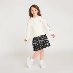 Robe fille bi-matière manches longues broderie fleurie
