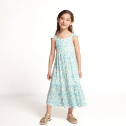 Robe longue manches volantées imprimée fleurs pour fille
