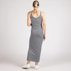 Robe longue moulante sans manches rayée pour femme