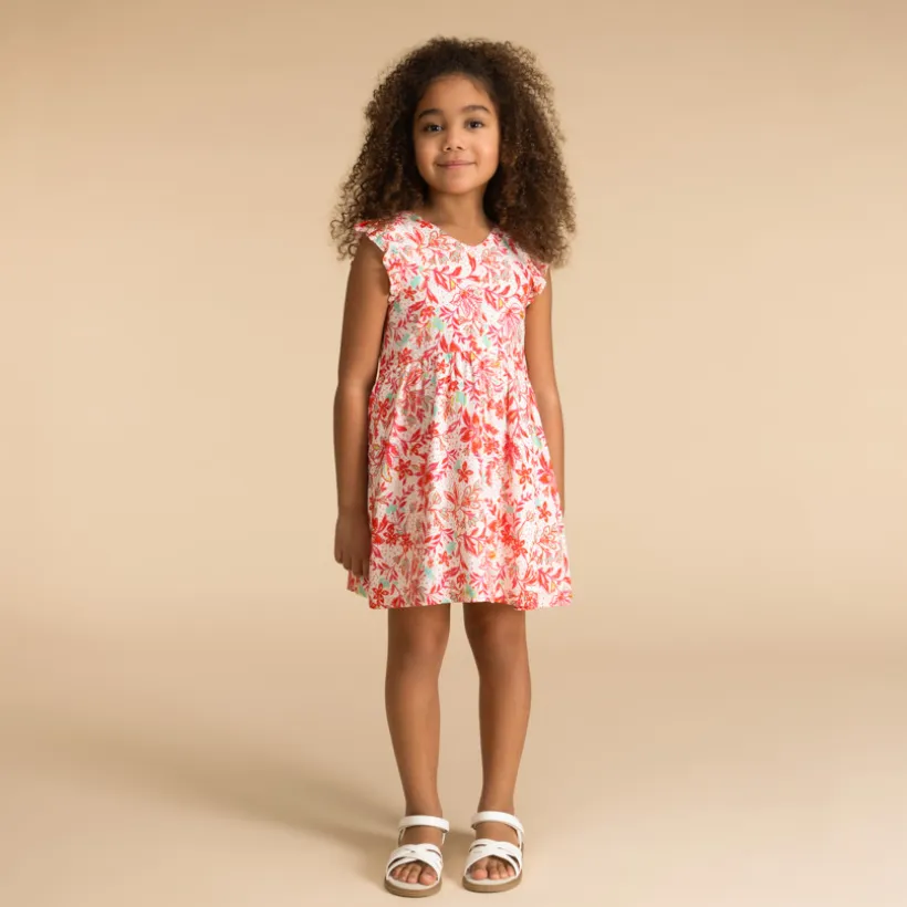 Robe manches courtes boutonnée imprimé végétal pour fille