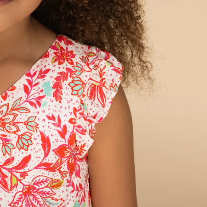 Robe manches courtes boutonnée imprimé végétal pour fille