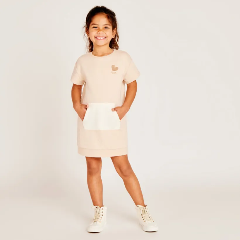 Robe manches courtes effet cloqué et brodée pour fille