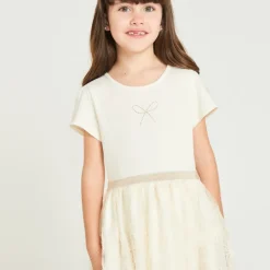 Robe manches courtes effet 2 en 1 en tulle brodé pour fille
