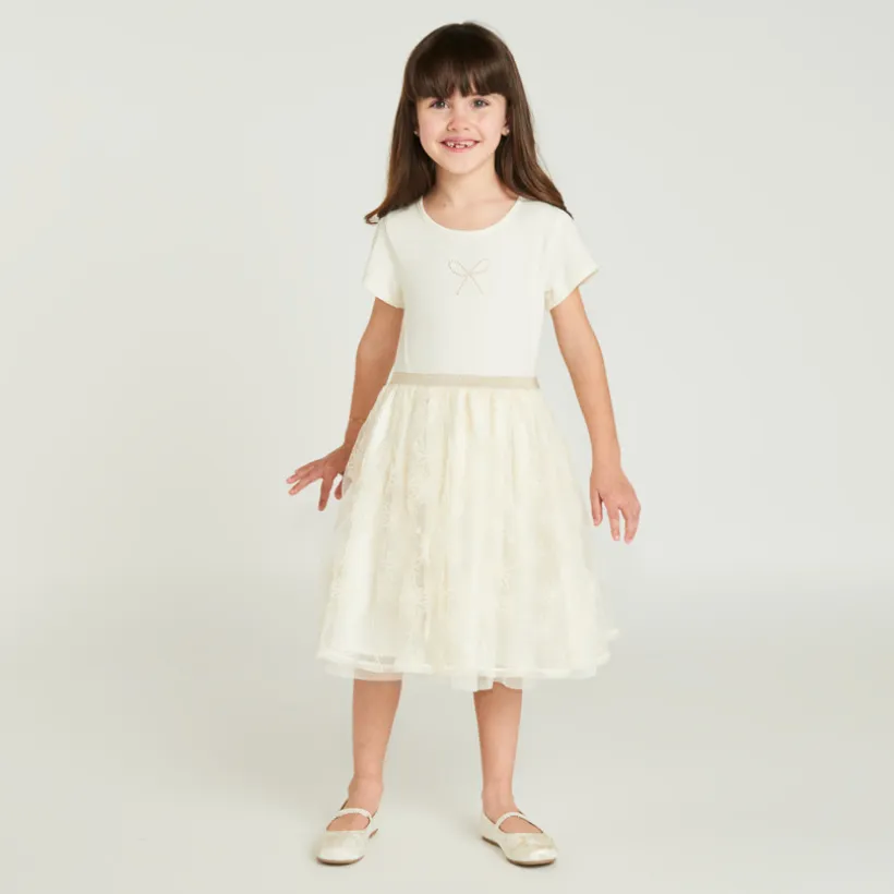 Robe manches courtes effet 2 en 1 en tulle brodé pour fille