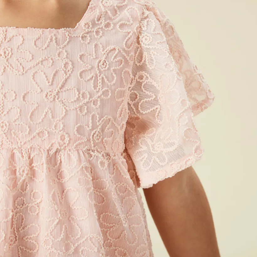 Robe manches courtes en crêpe et tulle avec motif floral en cording pour fille