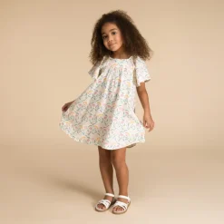 Robe manches courtes en double gaze imprimé floral pour fille