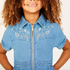 Robe manches courtes en jean brodé pour fille