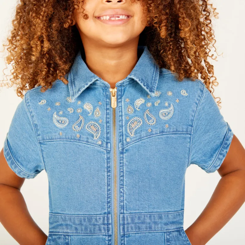 Robe manches courtes en jean brodé pour fille
