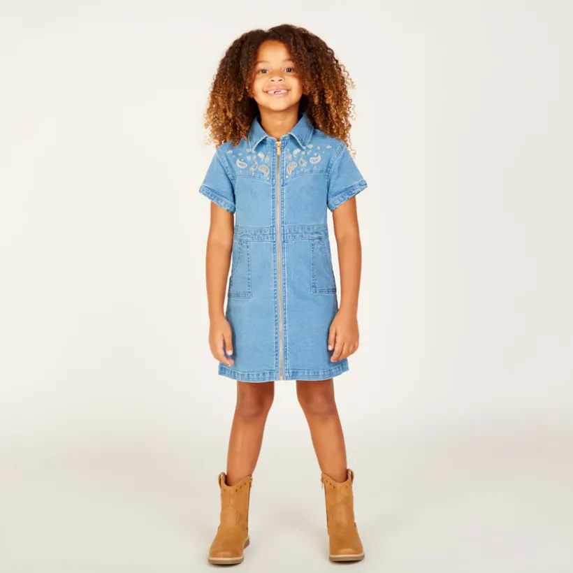 Robe manches courtes en jean brodé pour fille