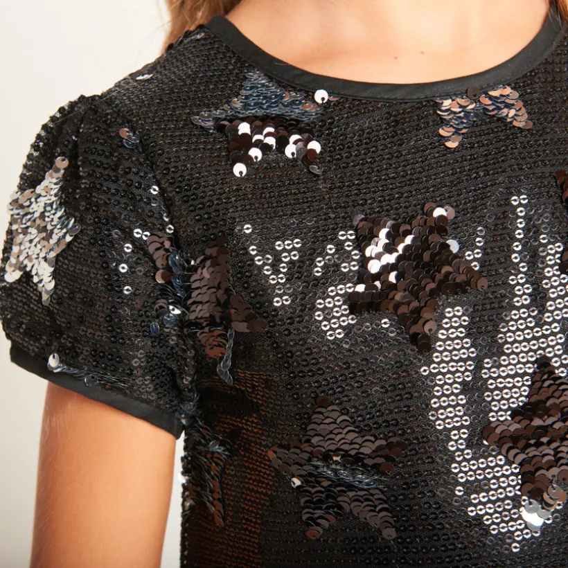 Robe manches courtes en sequins avec motif étoile pour fille