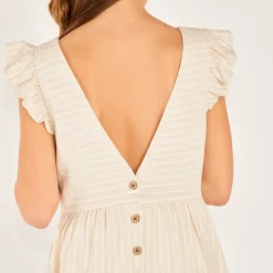 Robe manches courtes en toile à rayures avec dos en V pour fille