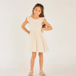 Robe manches courtes en toile à rayures avec dos en V pour fille