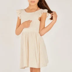 Robe manches courtes en toile à rayures avec dos en V pour fille