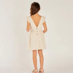 Robe manches courtes en toile à rayures avec dos en V pour fille
