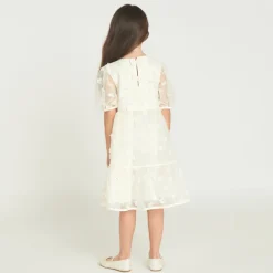 Robe à manches courtes en toile avec fleurs 3D pour fille