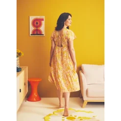 Robe manches courtes volantée imprimé rétro pour femme