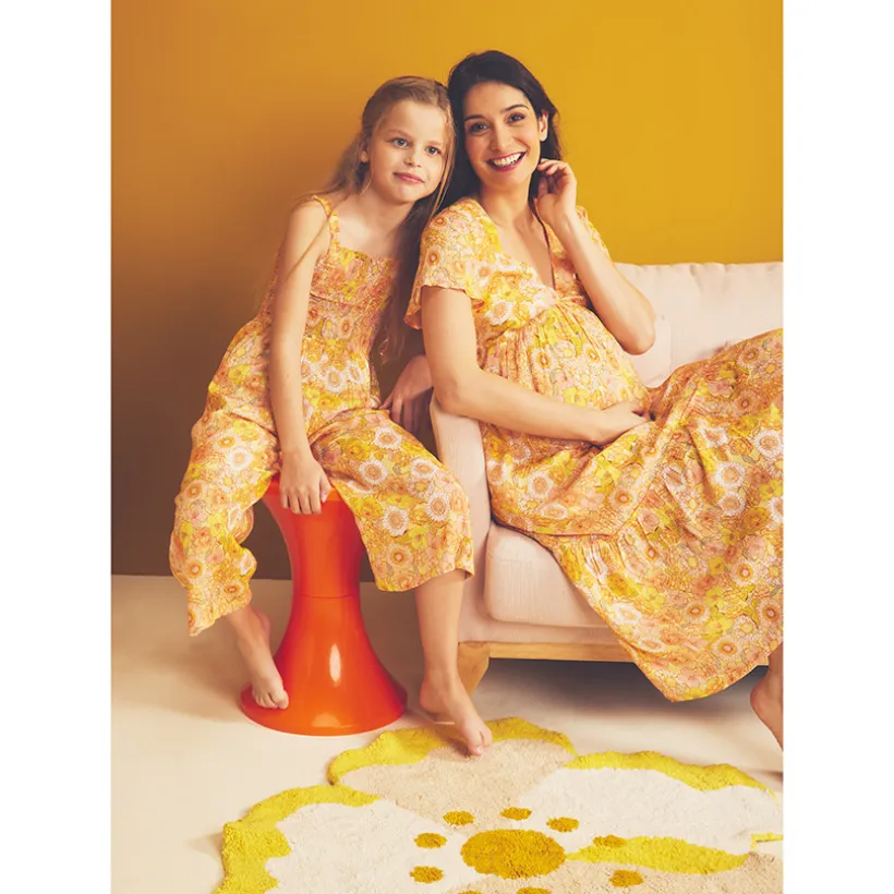 Robe manches courtes volantée imprimé rétro pour femme