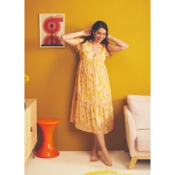 Robe manches courtes volantée imprimé rétro pour femme