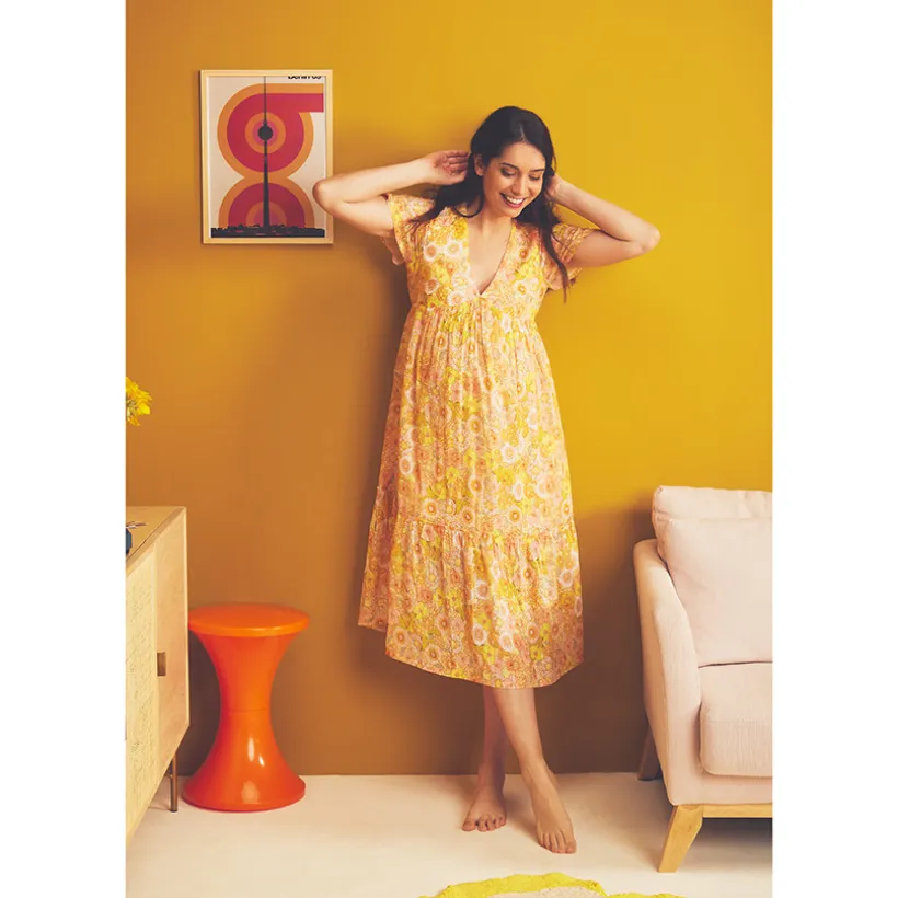 Robe manches courtes volantée imprimé rétro pour femme