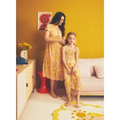Robe manches courtes volantée imprimé rétro pour femme