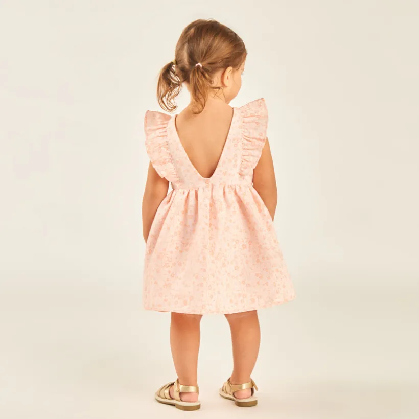 Robe manches courtes volantée à motifs fleuris en jacquard pour bébé fille
