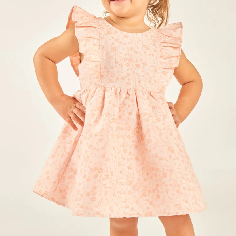Robe manches courtes volantée à motifs fleuris en jacquard pour bébé fille